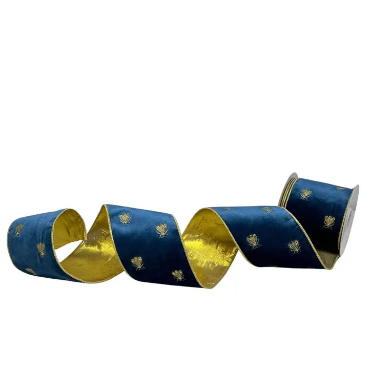 Gold Honey Bee Embroidery On Blue Velvet Ribbon 4"X 10YD