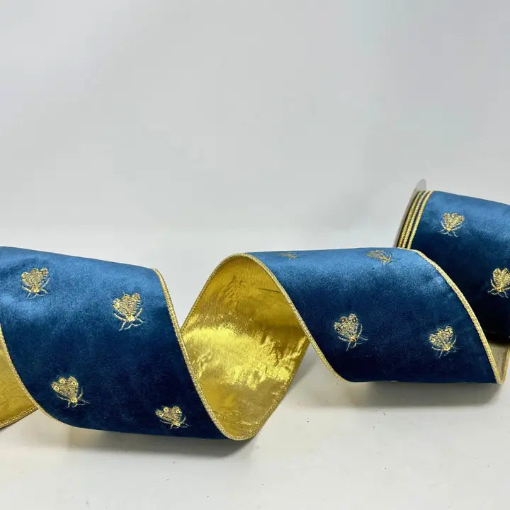 Gold Honey Bee Embroidery On Blue Velvet Ribbon 4"X 10YD
